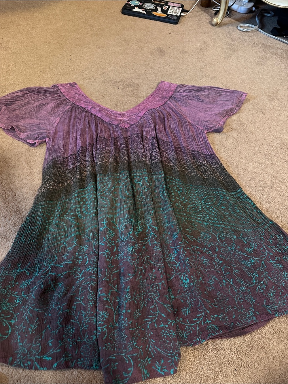 Sacred Threads Purple and Teal Floral V-Neck Tunic